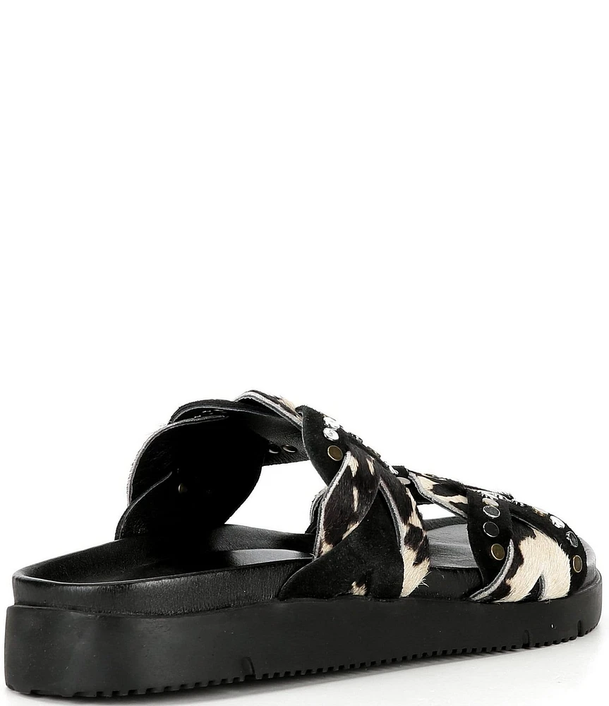 Free People Leo Studded Leather Cow Print Banded Flat Slide Sandals