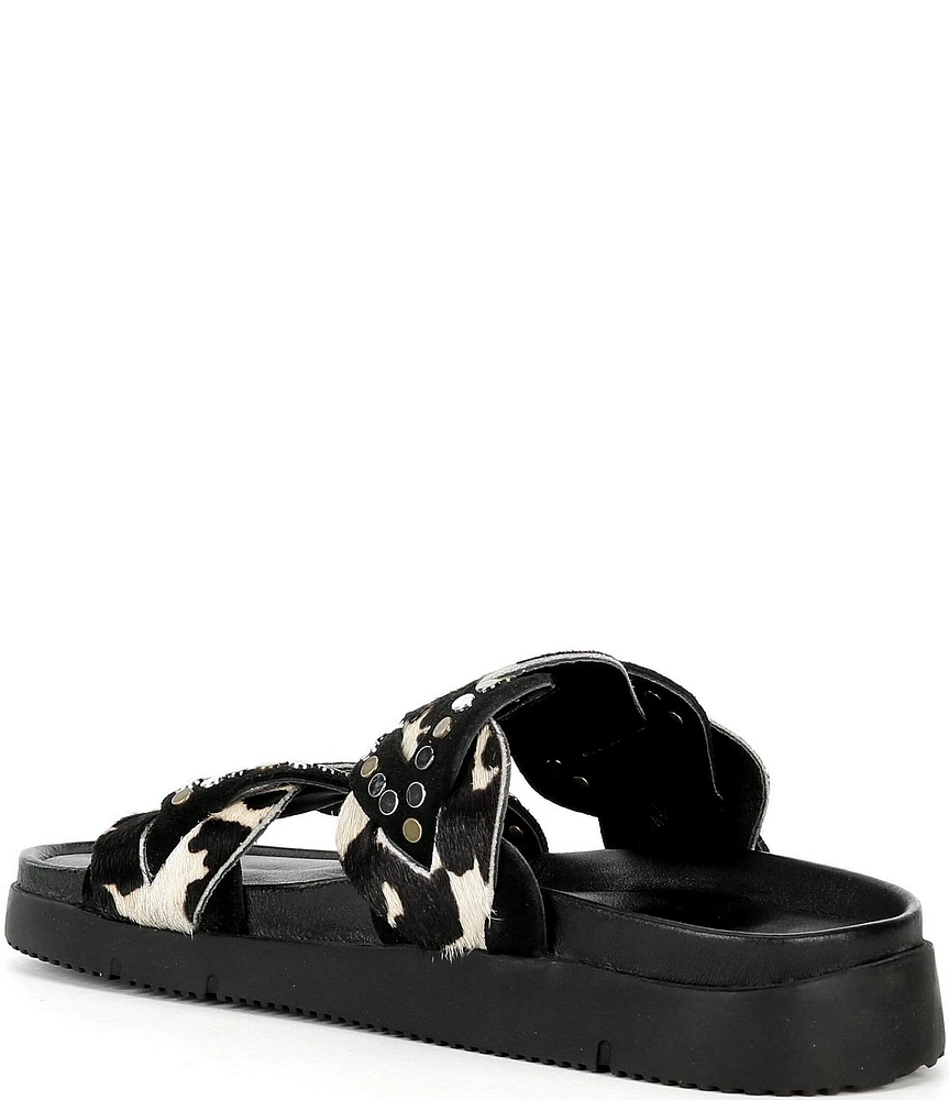 Free People Leo Studded Leather Cow Print Banded Flat Slide Sandals