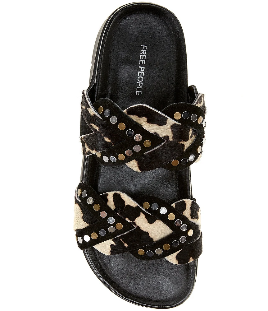 Free People Leo Studded Leather Cow Print Banded Flat Slide Sandals