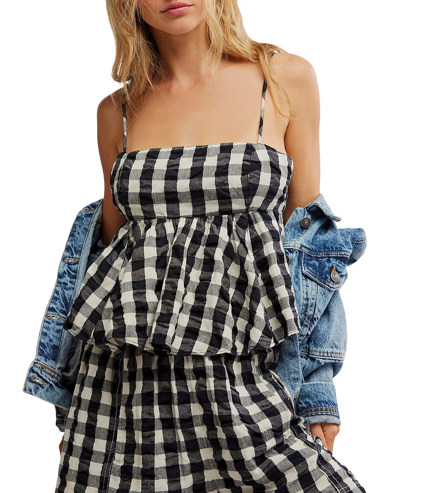 Free People Mia Woven Plaid Square Neck Sleeveless Pleated Peplum Coordinating Tank Top