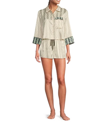 Free People Pillow Talk Floral Stripe Printed Button Front 3/4 Sleeve Satin Pajama Set