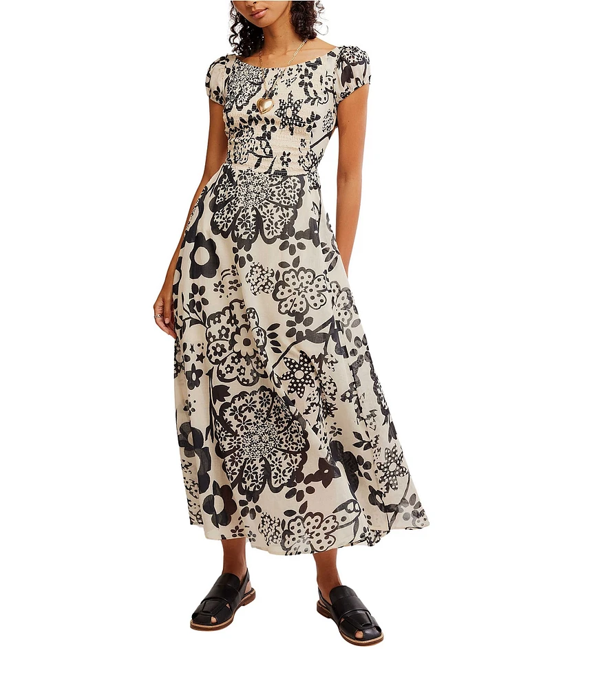 Free People Ultraviolet Floral Print Scoop Neck Short Sleeve Maxi Dress