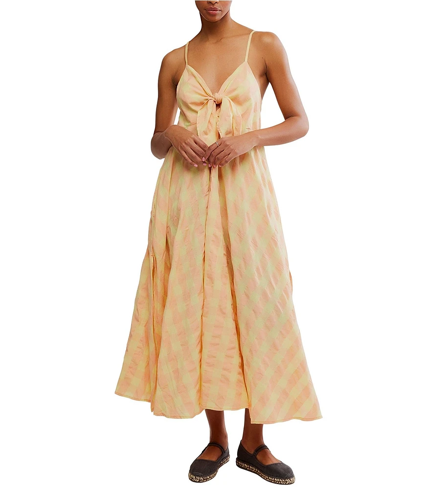 Free People Via Plaid Print V-Neck Sleeveless Button Front Midi Dress