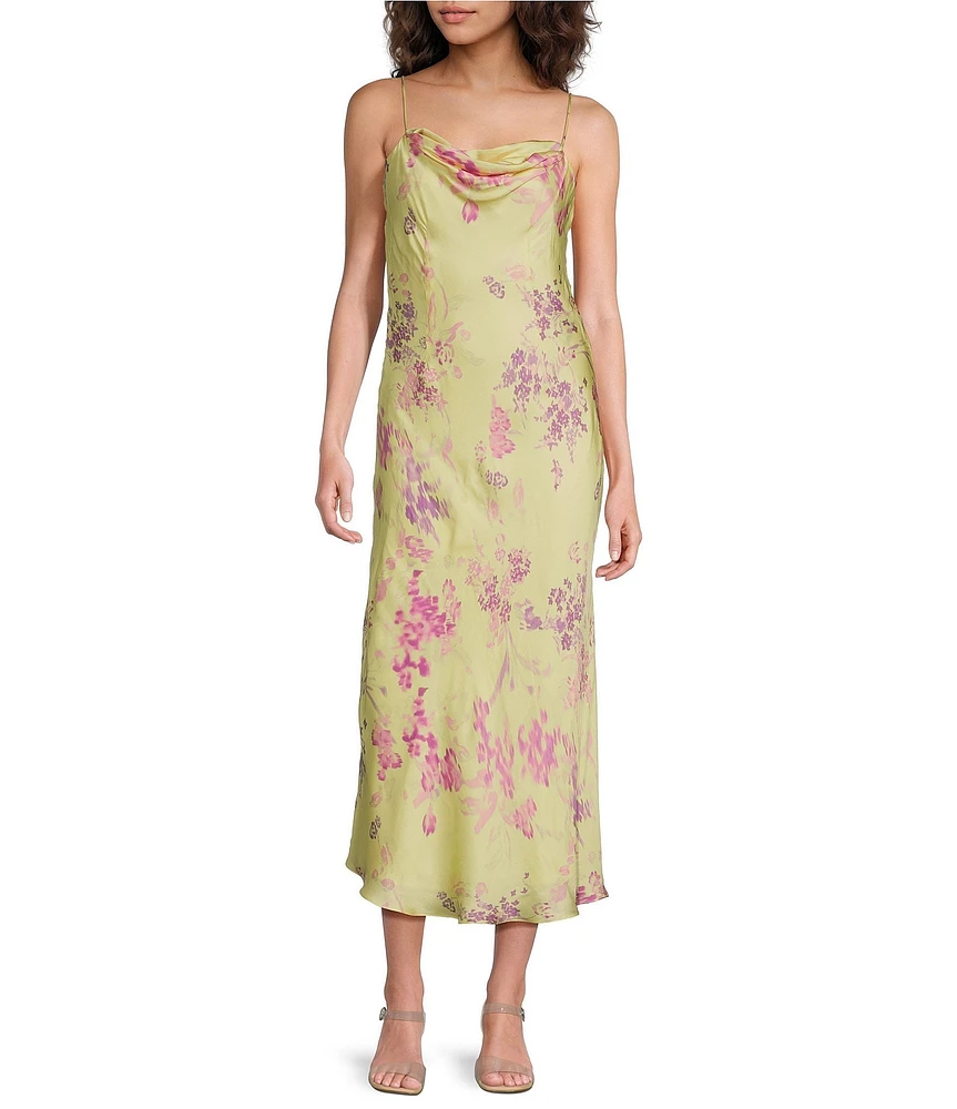 French Connection Elyria Oona Floral Print Cowl Neck Sleeveless Satin Midi Dress