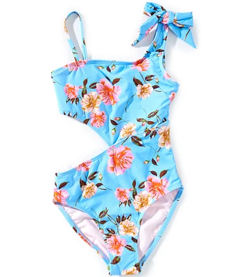 GB Big Girls Floral Print One Shoulder Cut Out One-Piece Swimsuit
