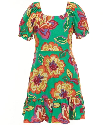 GB Big Girls Floral Print Puff Sleeve Tiered Dress