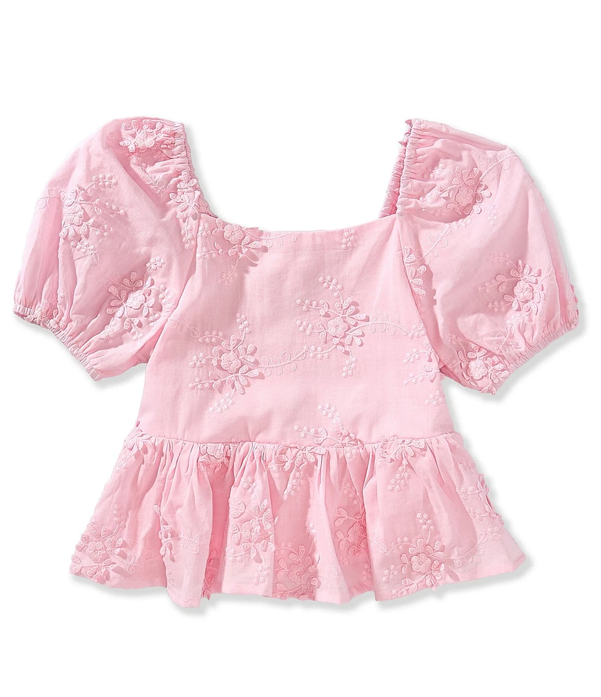 GB Big Girls Short Sleeve Woven Babydoll Floral Embroidered Top
