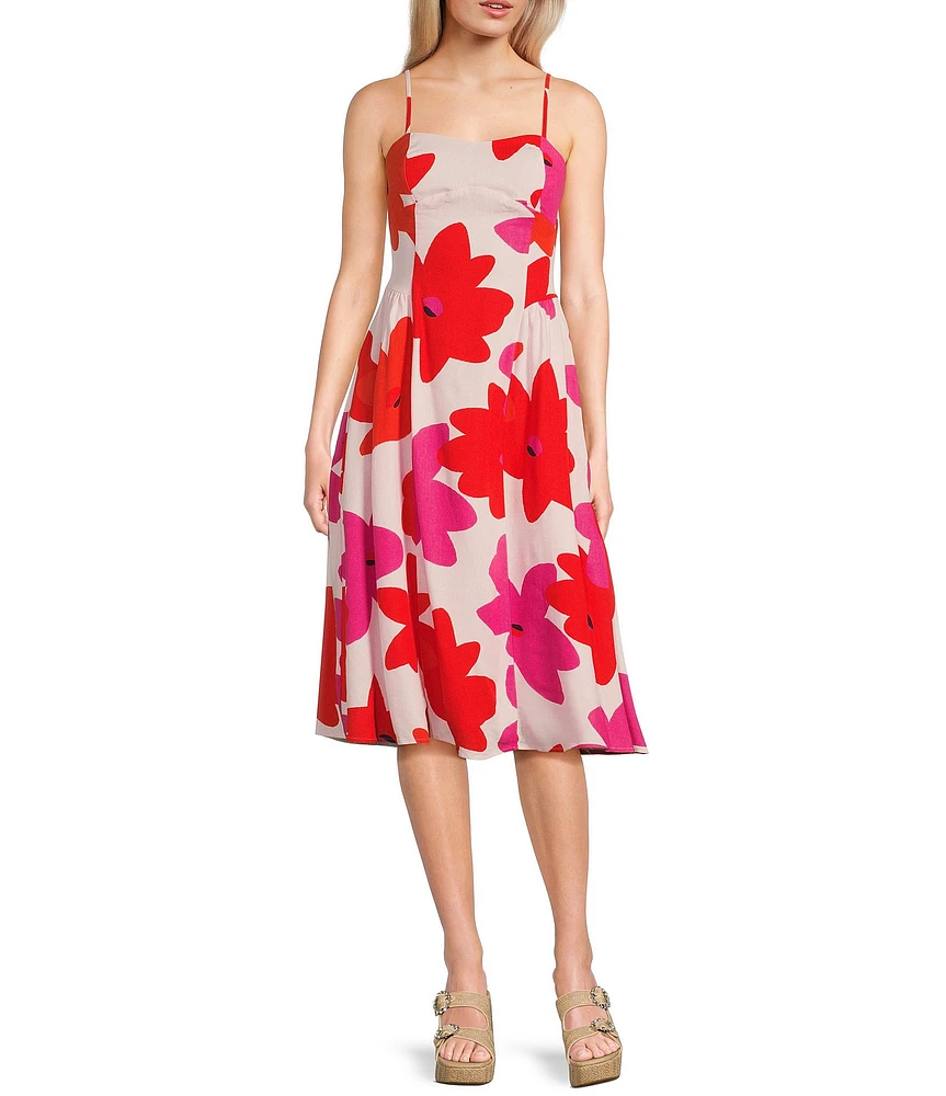 GB Floral Printed Linen Blend Open-Back Midi Dress