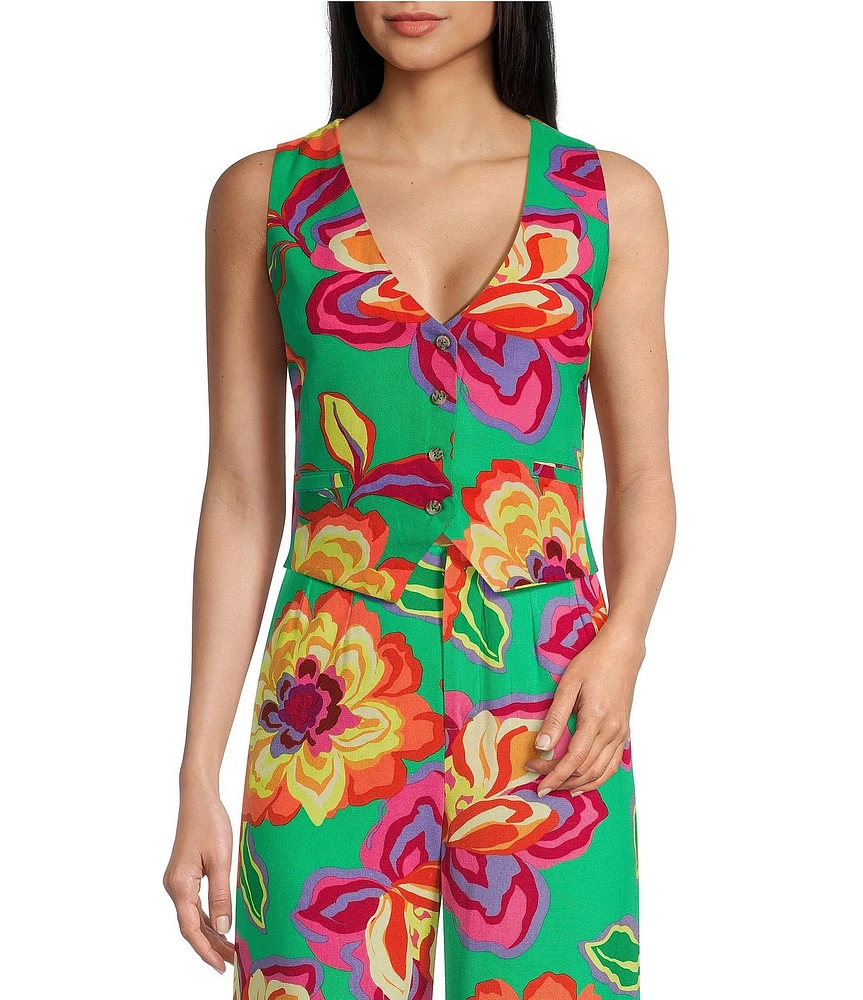 GB Multi Floral Printed Linen Blend Vest