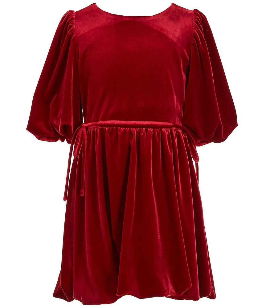 GB Social Big Girls Velvet Round Neck Short Bubble Sleeve Dress