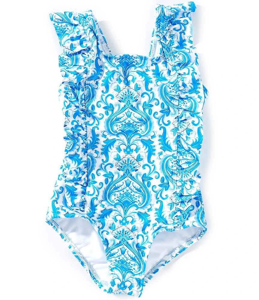GB Little Girls Double Ruffle Printed One-Piece Swimsuit