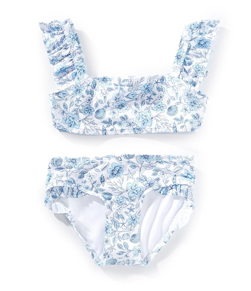 GB Little Girls Flounce Sleeve Floral/Seashells Two-Piece Swimsuit