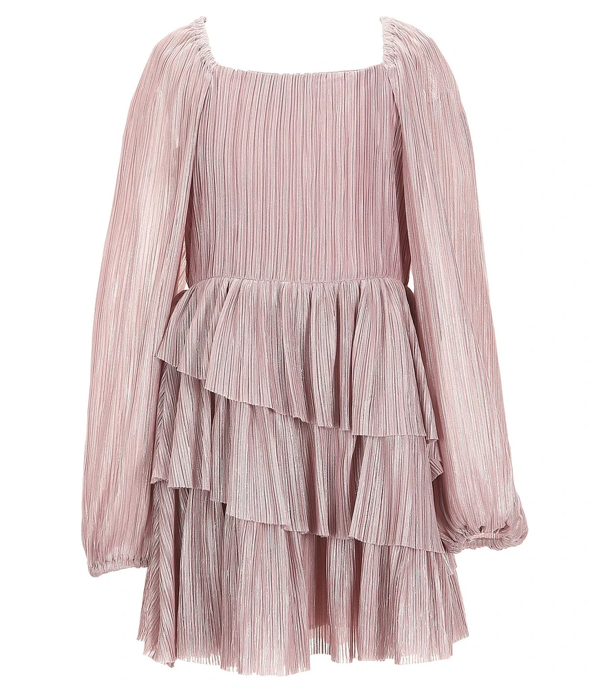 GB Social Big Girls Long Sleeve Pleated Metallic Lurex Dress