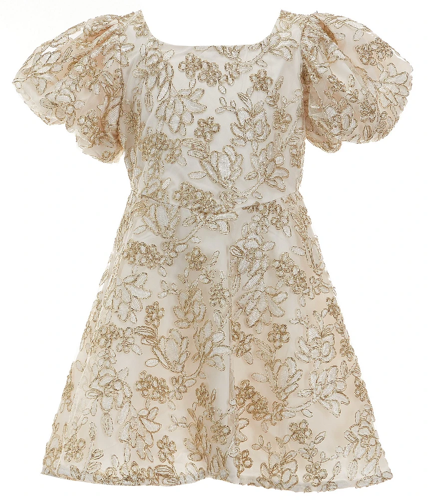 GB Social Big Girls Puff Sleeve Floral Embellished Mesh Dress
