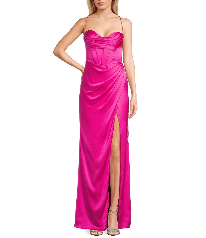 GB Social Corset Cowl Neck Lace-Up Back Slit Hem Satin Long Dress