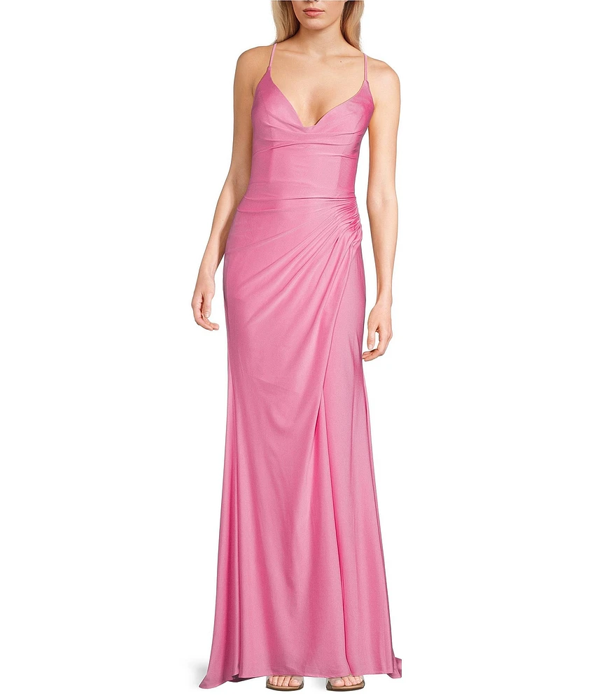 GB Social Jersey Ruched Lace-Up Back Long Dress
