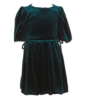 GB Social Little Girls Velvet Round Neck Short Bubble Sleeve Dress