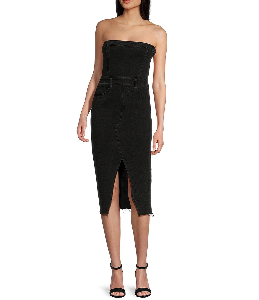 GB Strapless Denim Frayed Hem Midi Dress