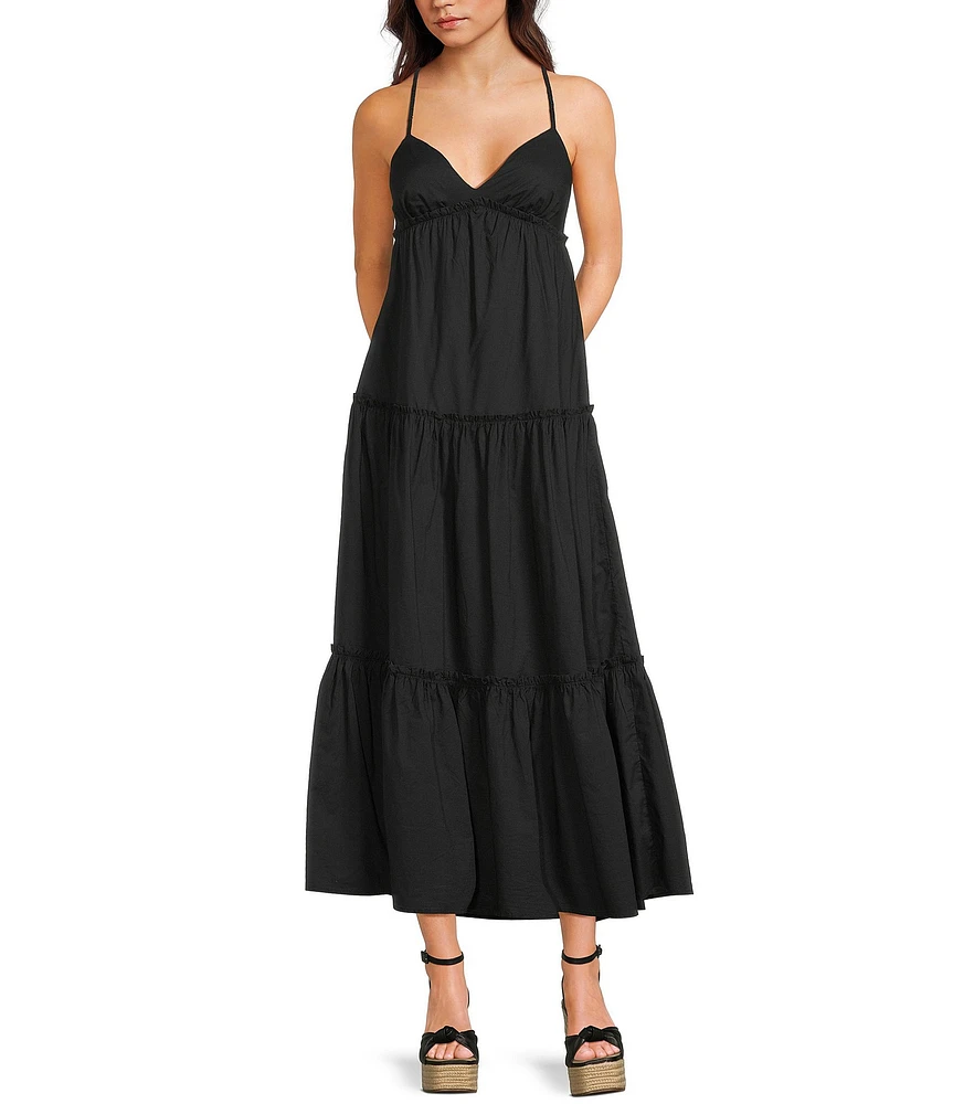 GB Tiered V-Neck Sleeveless Tie-Back Maxi Dress
