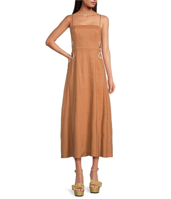 Gianni Bini Ash Square Neck Sleeveless Cut Out Shell Detail Midi Linen A-Line Dress