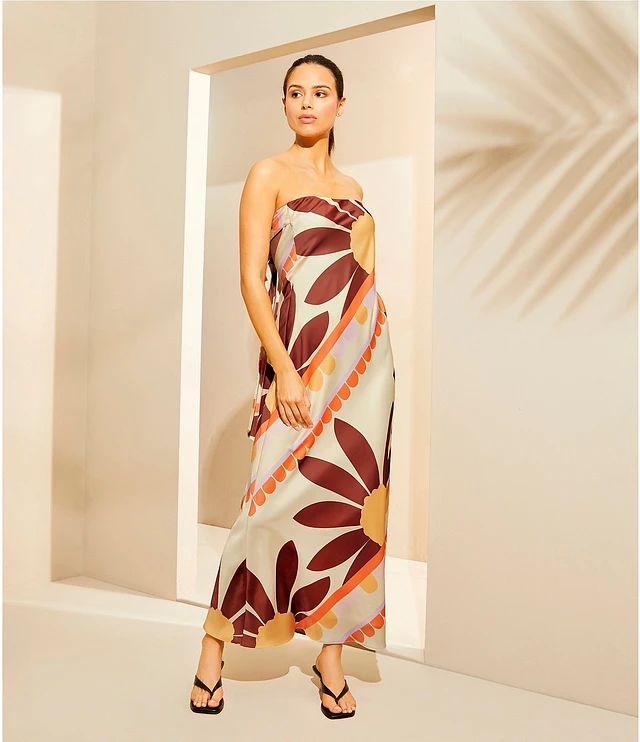 gianni bini francesca strapless print satin dress Gianni Bini Francesca Strapless Print Satin Slip Maxi Dress