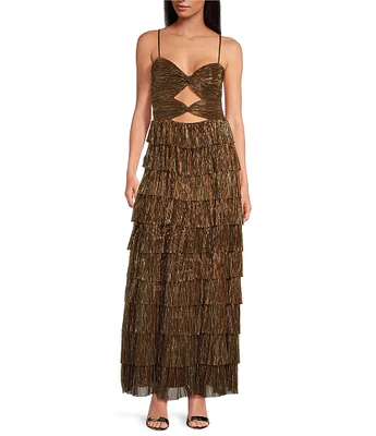 Gianni Bini Grace Metallic Plisse Sweetheart Neck Cut-Out Tiered Dress