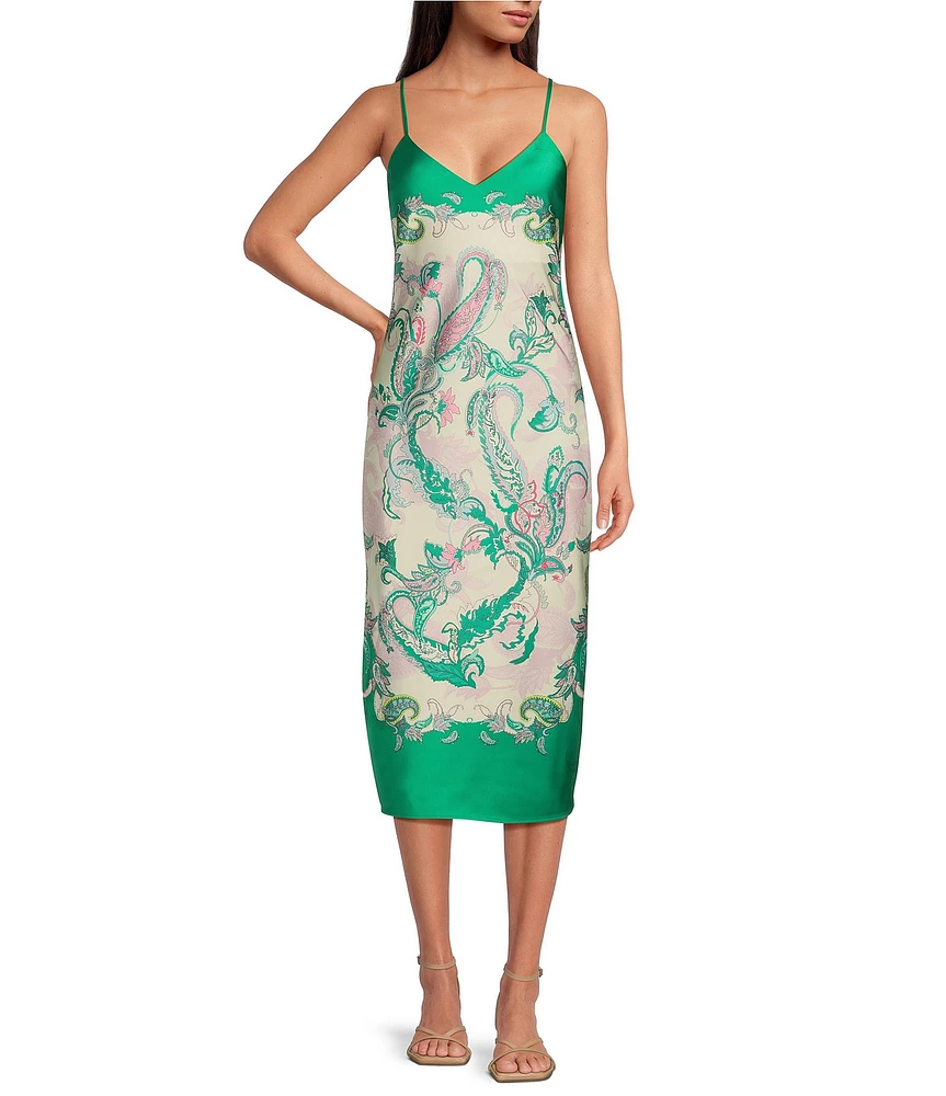 Gianni Bini Harper Satin Printed V-Neck Sleeveless Slip Midi Dress