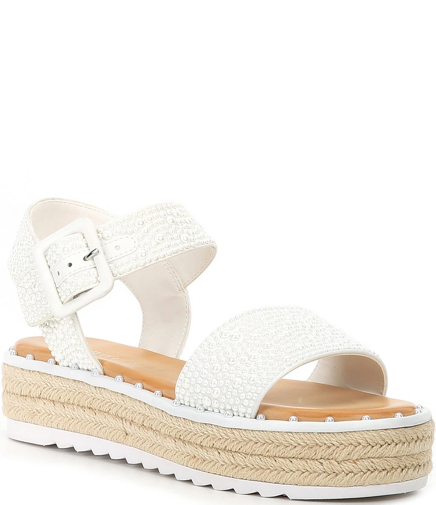 Gianni Bini Keegan Four Pearl Embellished Oversized Buckle Platform Espadrille Sandals