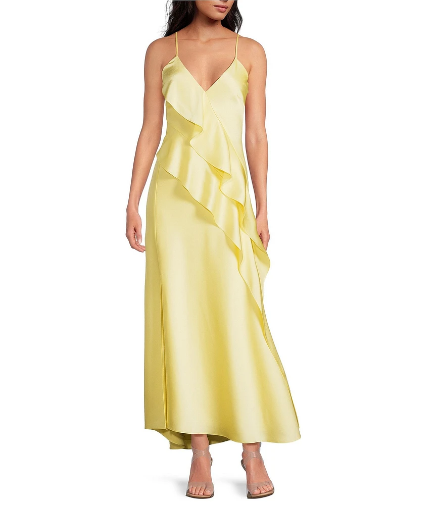 Gianni Bini Quinn Ruffle Draped V-Neck Sleeveless Satin Dress