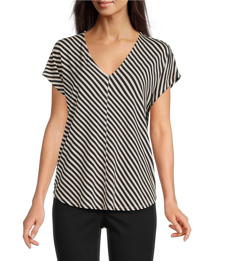 Gibson & Latimer Bias Stripe Knit V-Neck Dropped Short Sleeve Shell Shirttail Tee Shirt