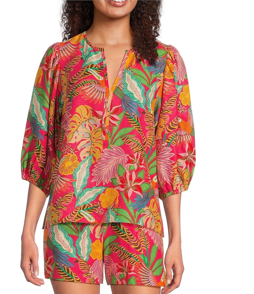 Gibson & Latimer Coordinating Floral Printed Split V-Neck 3/4 Puff Sleeve Top