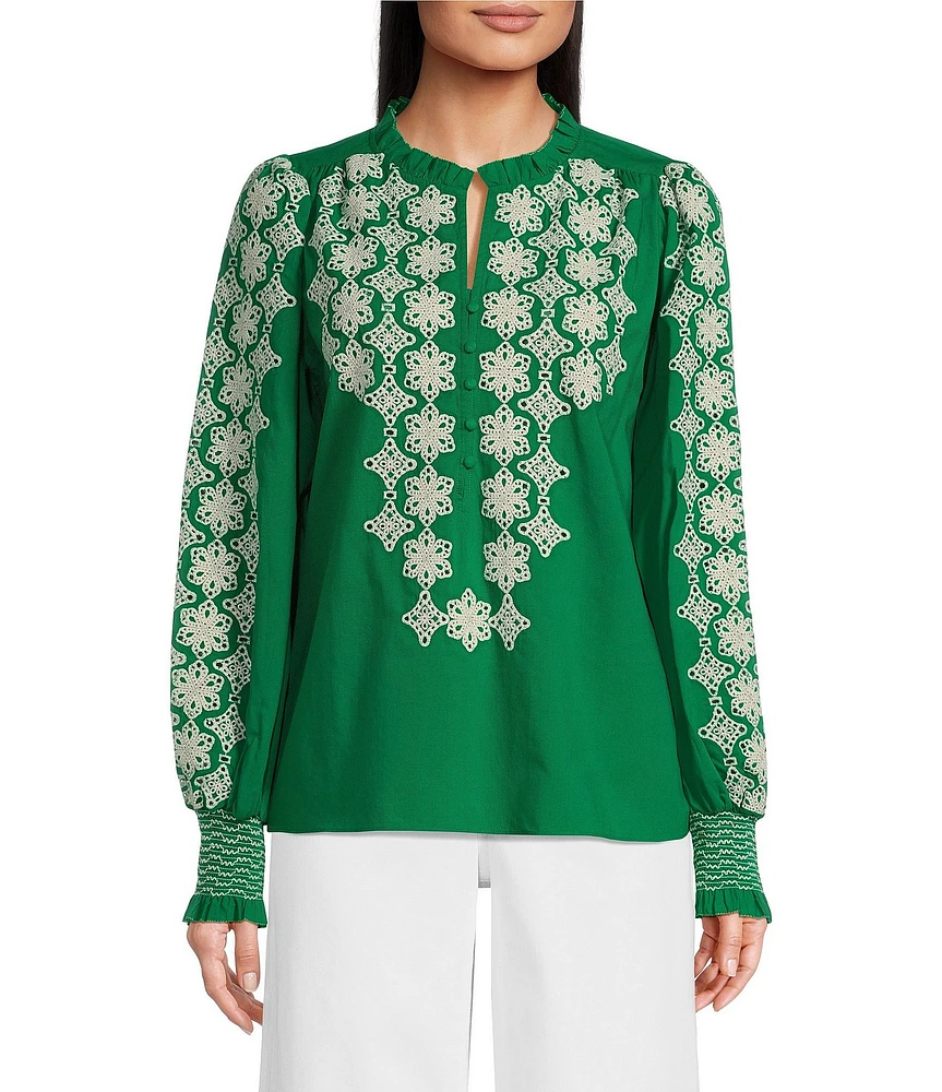 Gibson & Latimer Woven Embroidered Floral Ruffled Slit Round Button Front Neck Long Blouson Sleeve Hi-Low Shirttail Blouse