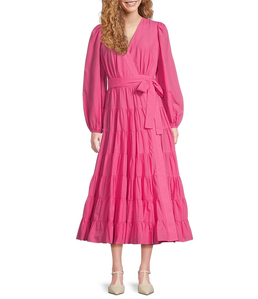 Gibson & Latimer Woven Poplin V-Neck Long Blouson Sleeve Tie at Side Wrap A-Line Flounce Midi Dress