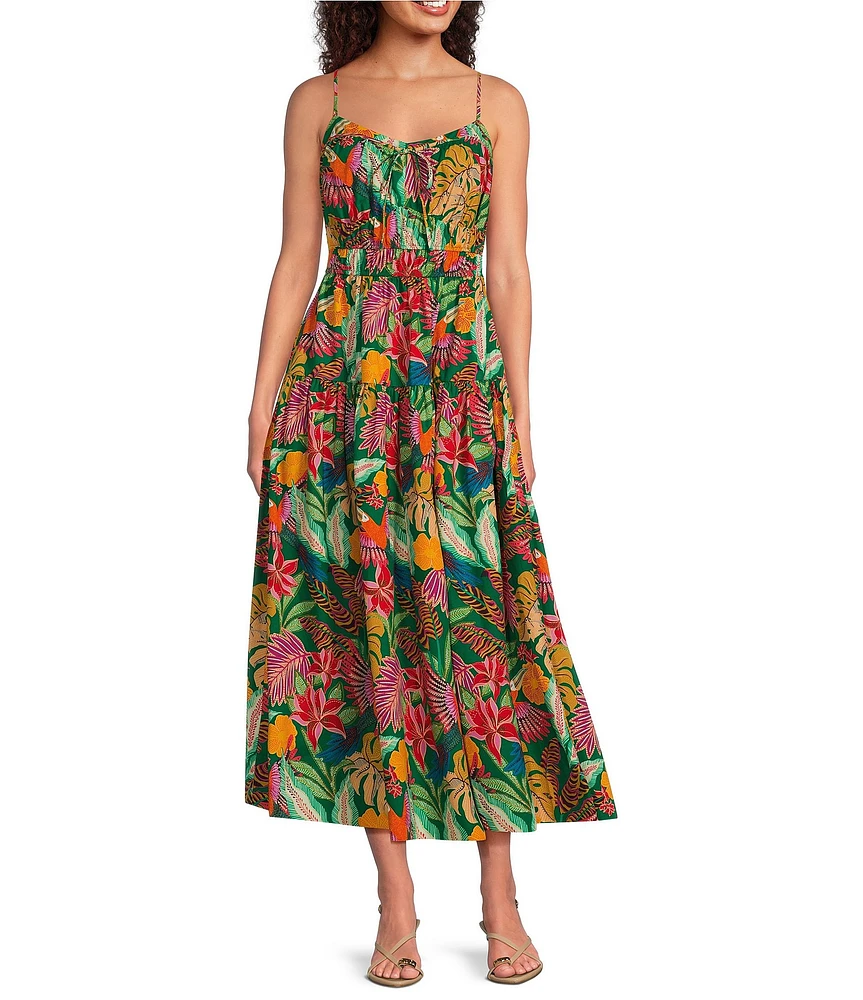 Gibson & Latimer Tropical Print Woven Scoop Tie Neck Spaghetti Strap Shirred Bodice Drop Waist A-Line Flounce Midi Dress