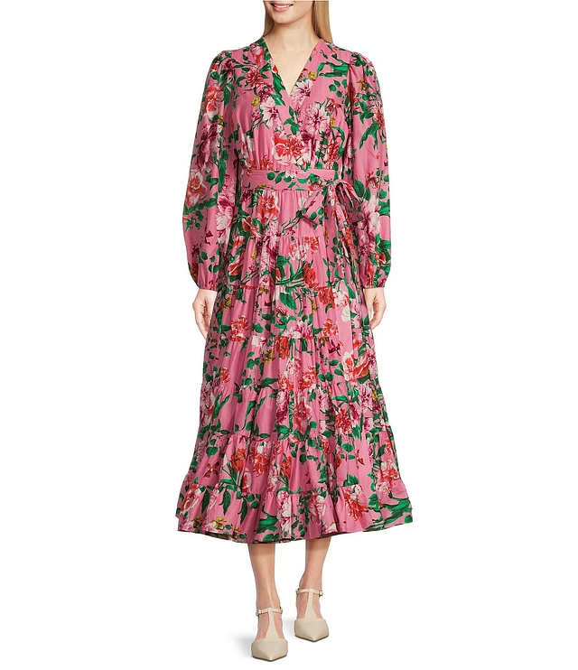 gibson latimer maxi dress Gibson & Latimer Woven Floral Print Poplin V-Neck Long Blouson Sleeve Tie  at Side Wrap A-Line Flounce Midi Dress