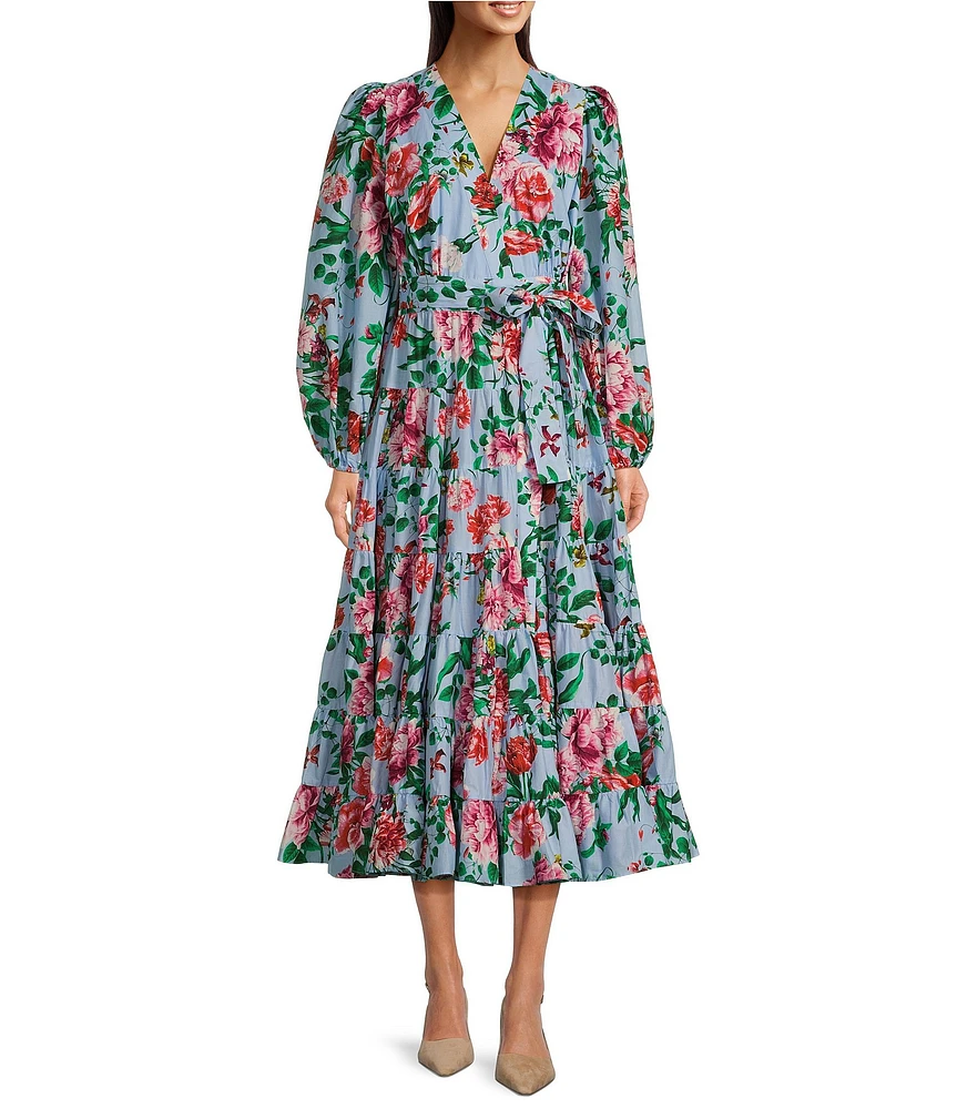 Gibson & Latimer Woven Floral Print Poplin V-Neck Long Blouson Sleeve Tie at Side Wrap A-Line Flounce Midi Dress