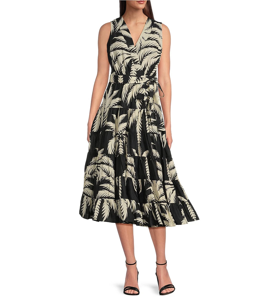 Gibson & Latimer Woven Tropical Palm Print V-Neck Sleeveless Tie at Waist Tiered Midi Wrap Dress