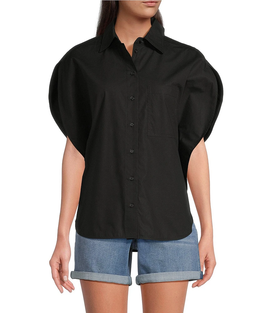 Gibson & Latimer Woven Point Collar Cap Dolman Sleeve Circle Button Front Shirt