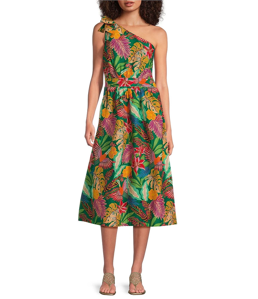 Gibson & Latimer Woven Tropical Print One Side Tie Shoulder Asymmetrical Neck Midi Sheath Dress