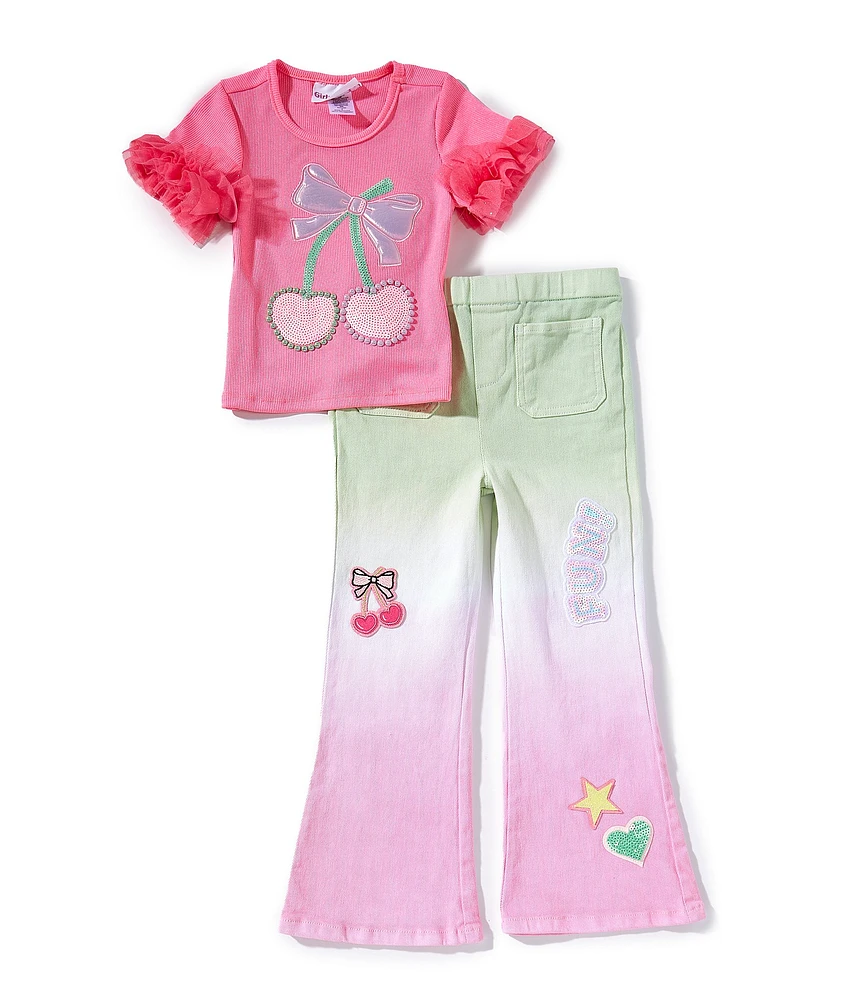 Girls Like Us Little Girls Ruffled-Sleeve Sequin Cherry-Motif Tunic Top & Embellished Applique Pant Set