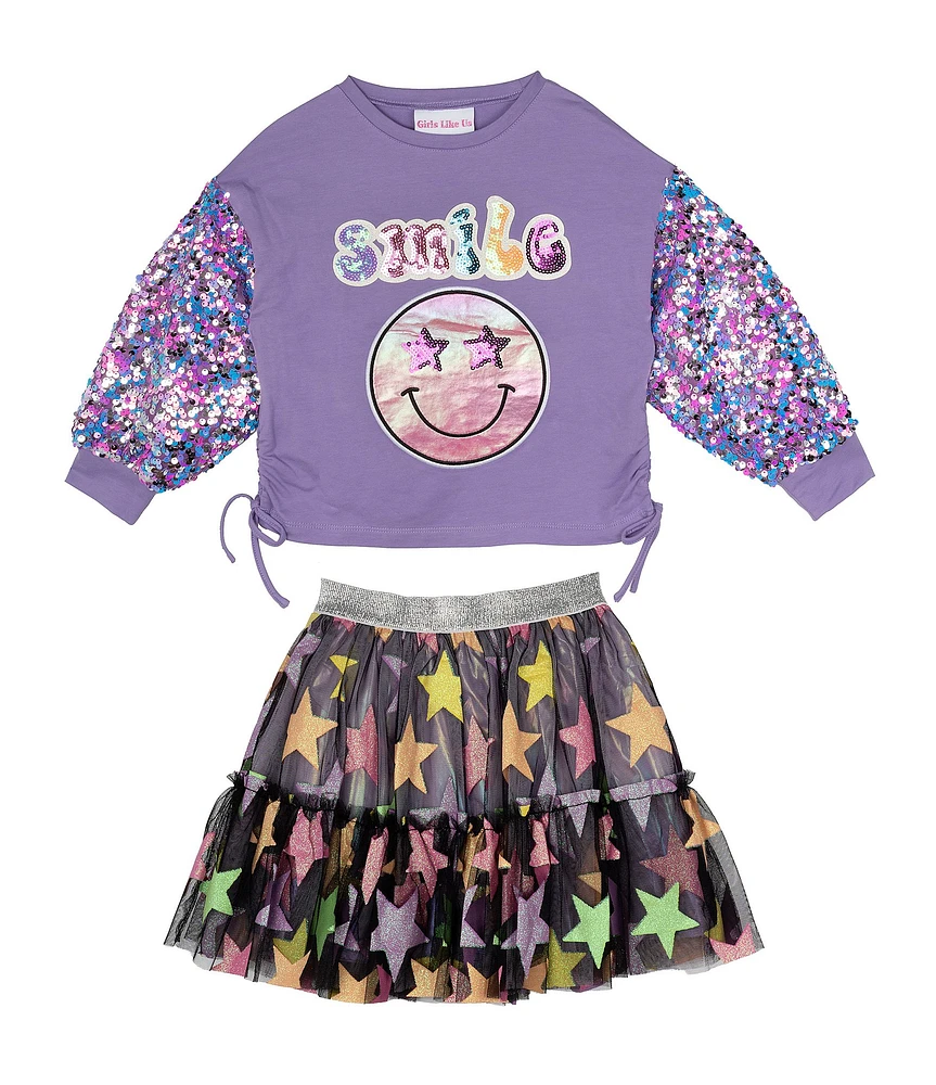 Girls Like Us Little Girls Long Sleeve Crew Neck Graphic Shirt & Gathered Tiered Star Skirt Set