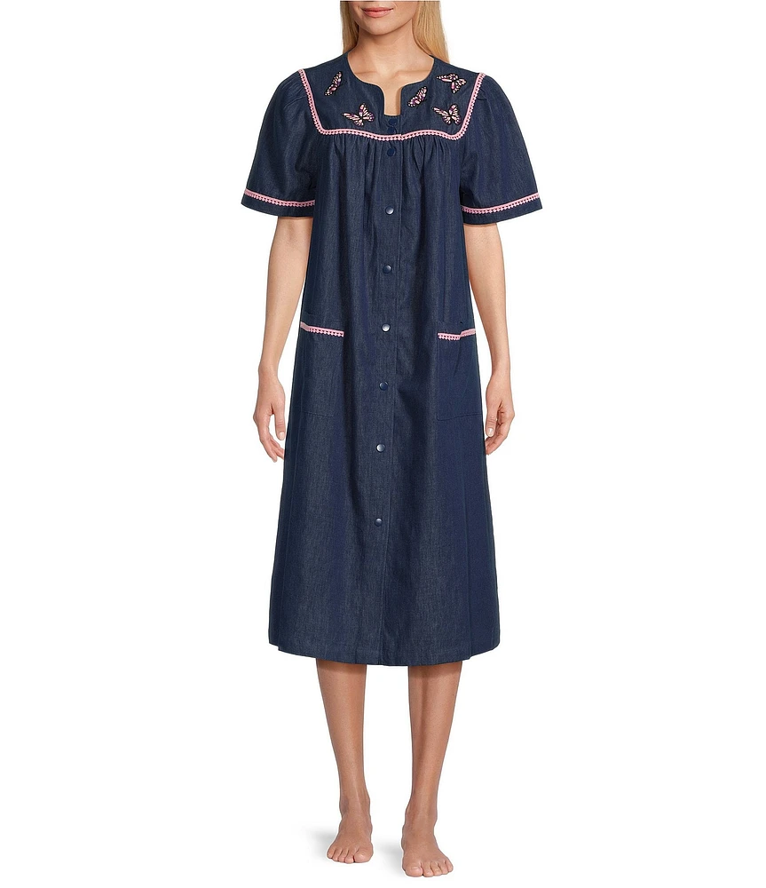 Go Softly Embroidered Butterfly Denim Short Sleeve Snap-Front Patio Dress