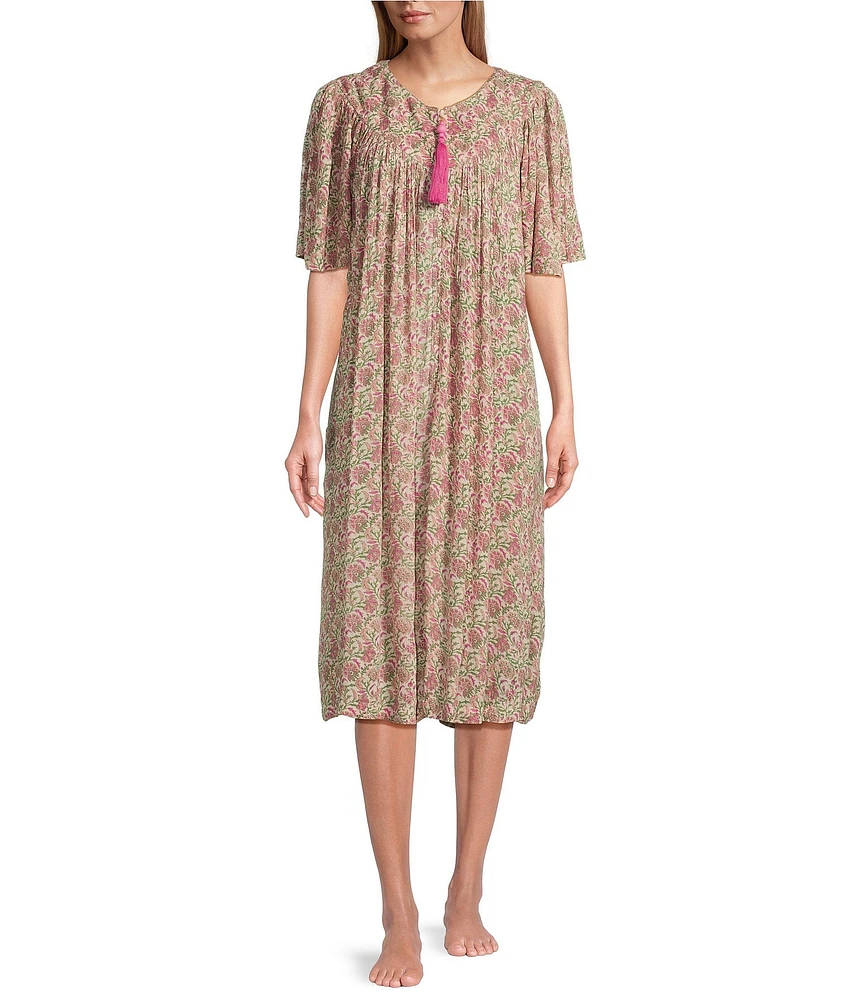 Go Softly Floral Print V-Neck Short Sleeve Zip-Front Crinkle Patio Dress