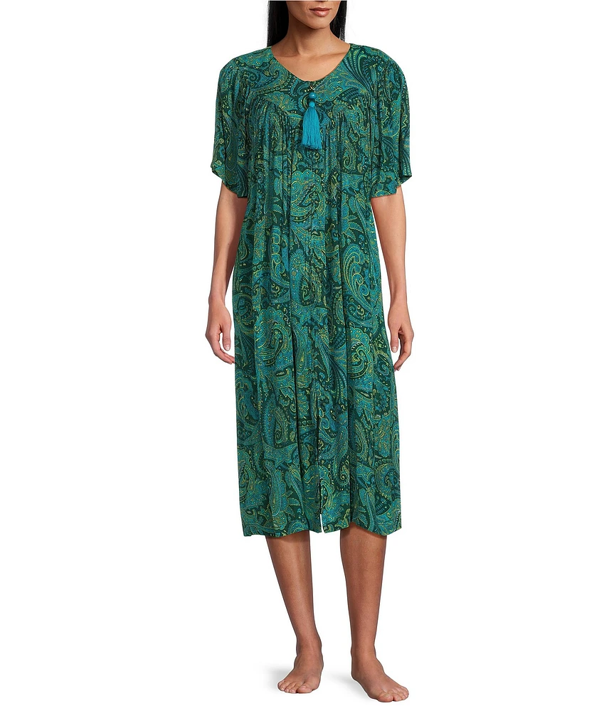 Go Softly Paisley Short Sleeve V-Neck Zip-Front Crinkle Patio Dress