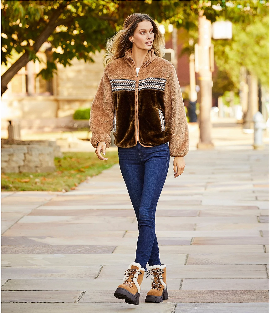 Sherpa jacket with jeans for casual winter brunch