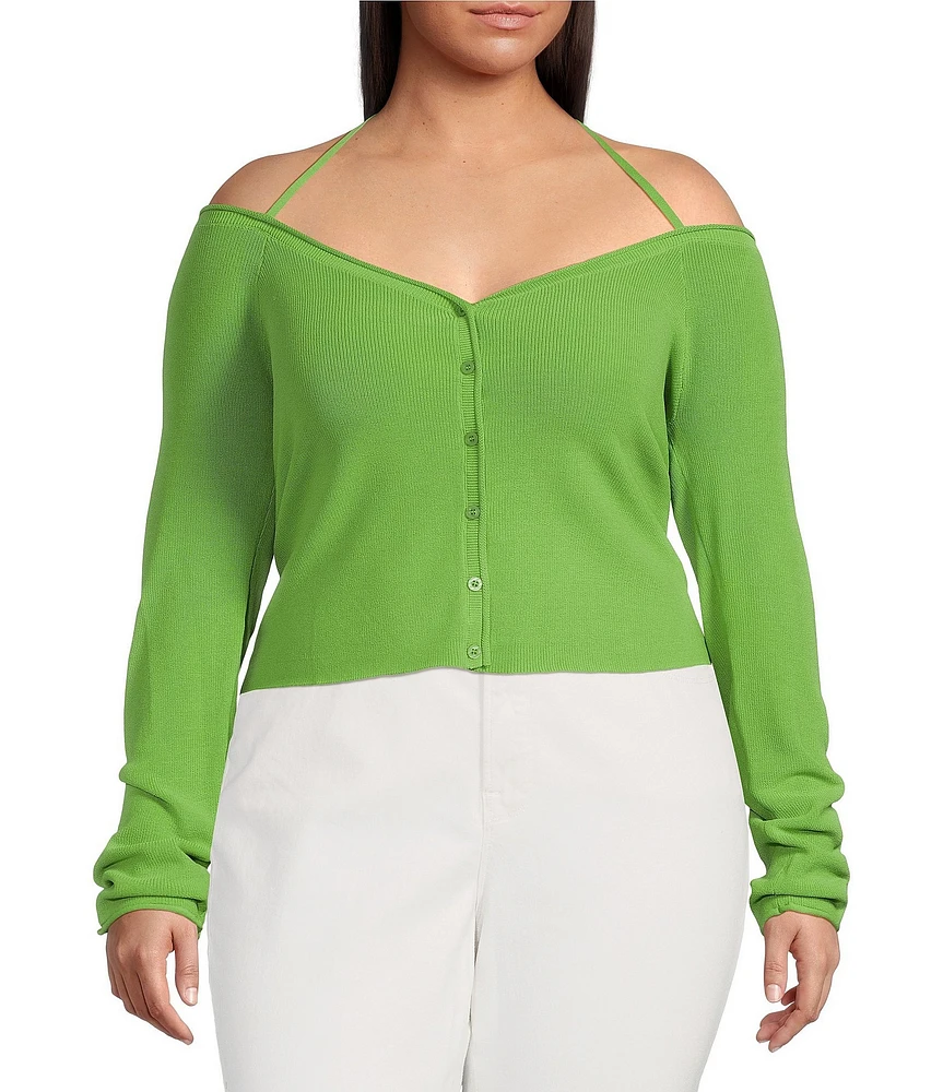 Good American Plus Size Stretch Rib Knit Off-The-Shoulder Long Sleeve Top