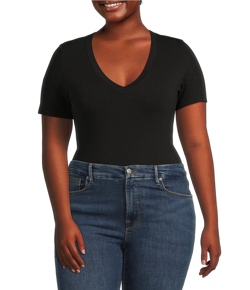 Good American Plus Size Super Stretch Deep V-Neck Short Sleeve Bodysuit