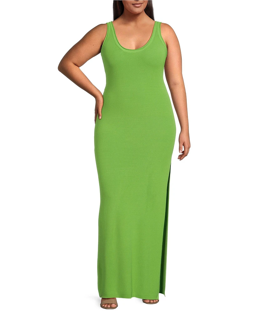 Good American Plus Stretch Rib Knit V Neck Sleeveless Maxi Dress