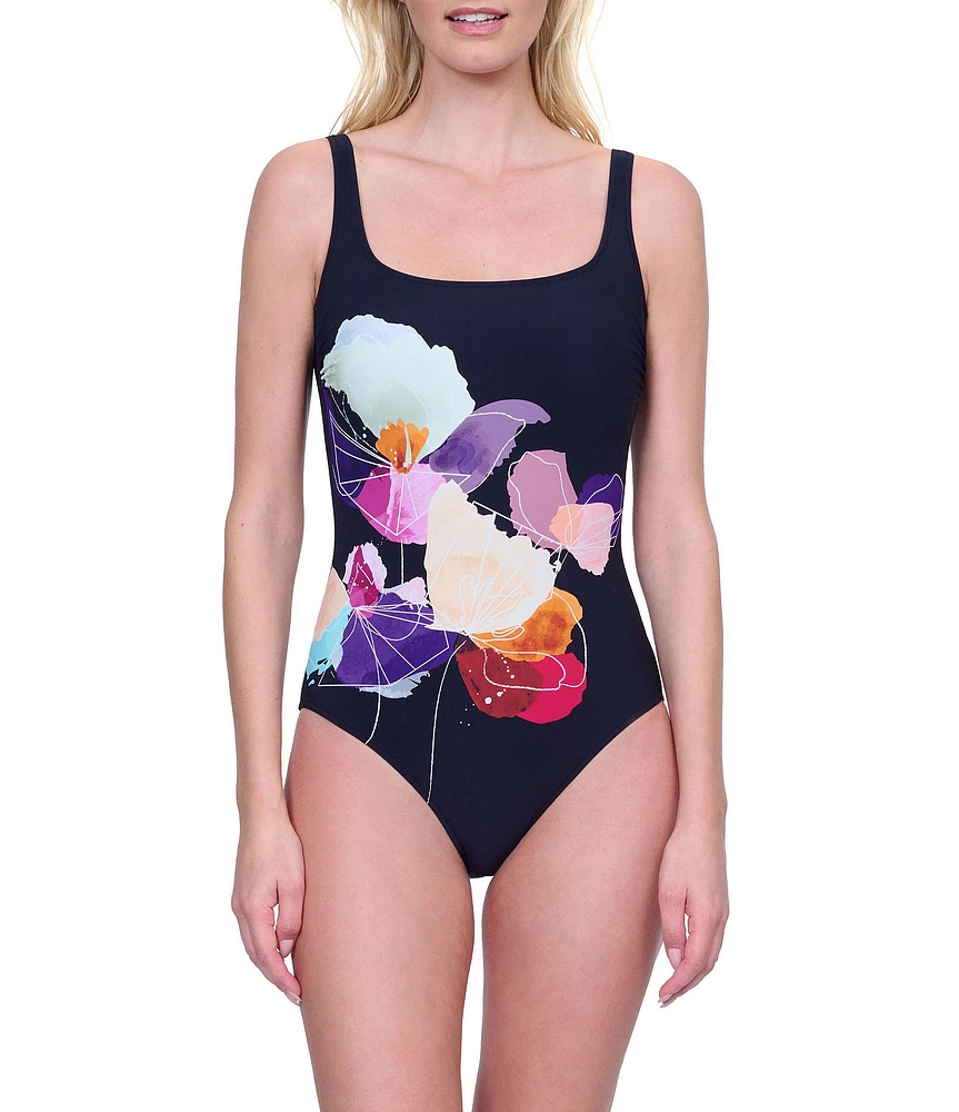 Gottex Enchanted Sun Floral Print Square Neck Tummy Control Tank One Piece Swimsuit