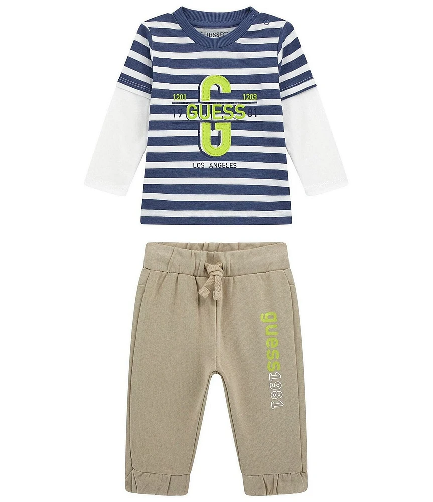 Guess Baby Boy Long Sleeve Stripe Two-Fer Shirt & Pants Set